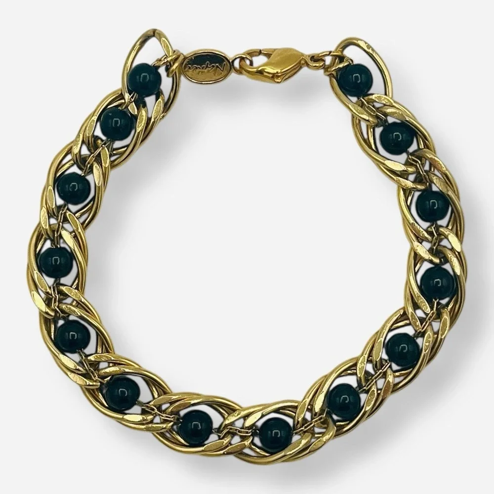 Vintage Napier Gold Tone‎ Black Ball Bead Bracelet Caged Beaded Faux Onyx